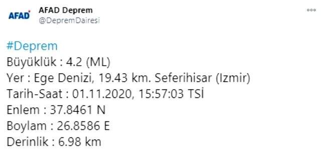 Son Dakika: İzmir'in Seferihisar ilçesi açıklarında 4,2 büyüklüğünde deprem meydana geldi