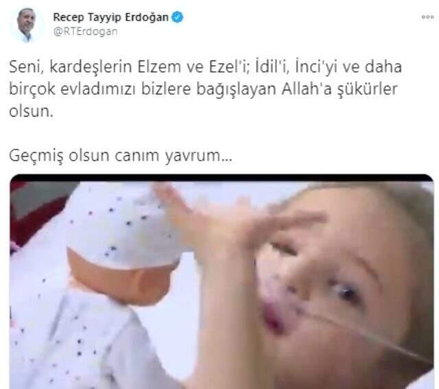 Cumhurbaşkanı Erdoğan'dan minik Elif paylaşımı: Geçmiş olsun canım yavrum Cumhurbaşkanı Erdoğan'dan minik Elif paylaşımı: Geçmiş olsun canım yavrum