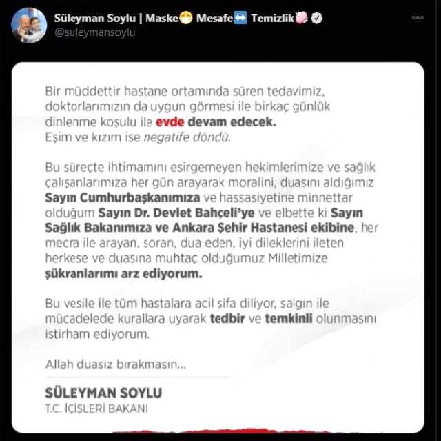 Son Dakika: Koronavirüs tedavisi gören Bakan Soylu'dan sağlık durumuna ilişkin açıklama: Tedavi süreci evde devam edecek