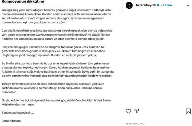 İstifası kabul edilen Berat Albayrak, Twitter hesabının ardından Instagram hesabını da kapattı
