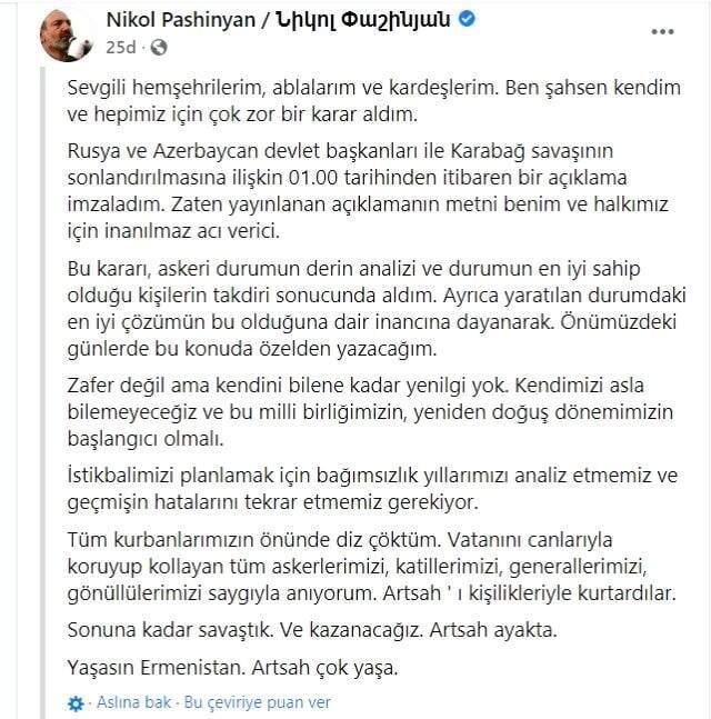 Ermenistan teslim oldu mu? Ermenistan savaştan çekiliyor mu? Paşinyan son dakika açıklaması nedir?