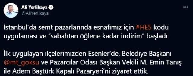 Vali Yerlikaya: 'İstanbul'da semt pazarlarında esnafımız için HES kodu uygulaması ve 'sabahtan öğlene kadar indirim' başladı'