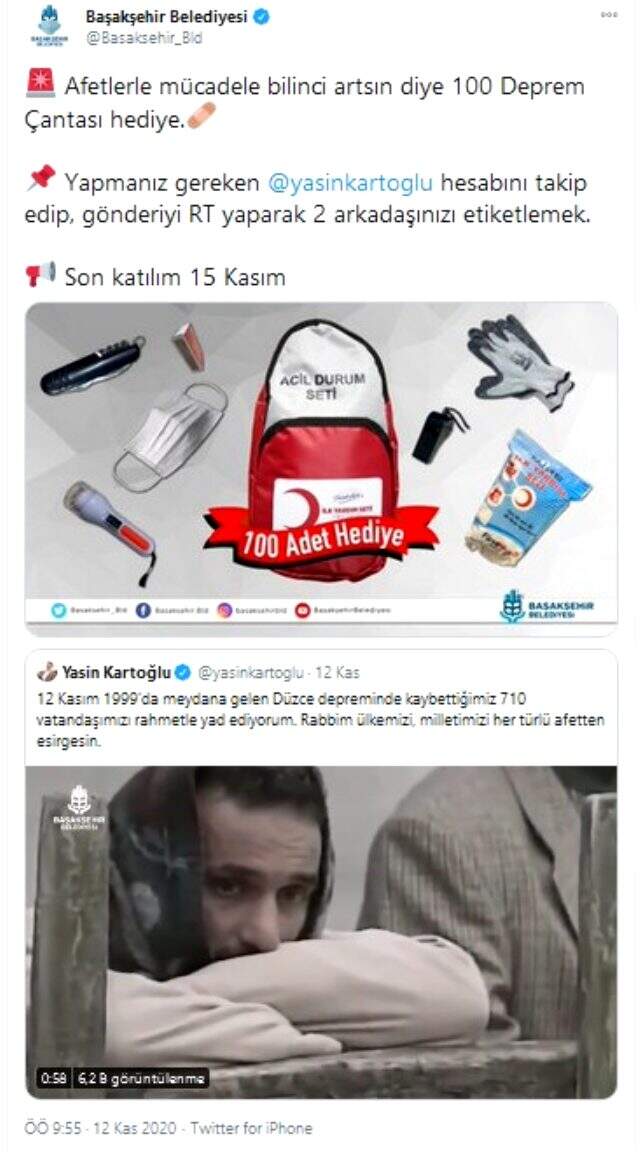 Başakşehir Belediye Başkanı Kartoğlu, takipçi peşine düştü! RT yapana deprem çantası verecek