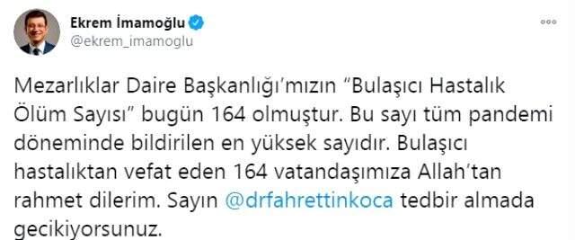 İmamoğlu, bugünkü bulaşıcı hastalık ölüm sayısını açıklayıp Bakan Koca'ya çağrıda bulundu İmamoğlu, bugünkü bulaşıcı hastalık ölüm sayısını açıklayıp Bakan Koca'ya çağrıda bulundu