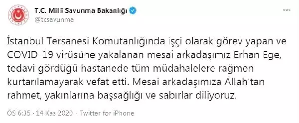 Son dakika haberi! MSB: Covid-19 tedavisi gören mesai arkadaşımız kurtarılamadı Son dakika haberi! MSB: Covid-19 tedavisi gören mesai arkadaşımız kurtarılamadı