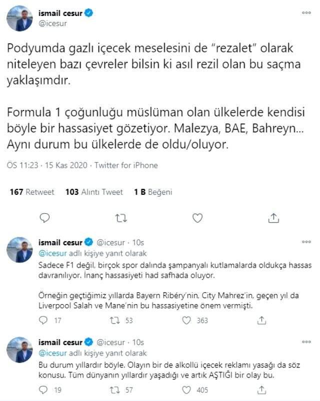 Cumhurbaşkanı Danışmanı iddiayı doğruladı! Formula 1 kutlamalarında şampanya kullanılmadı Cumhurbaşkanı Danışmanı iddiayı doğruladı! Formula 1 kutlamalarında şampanya kullanılmadı