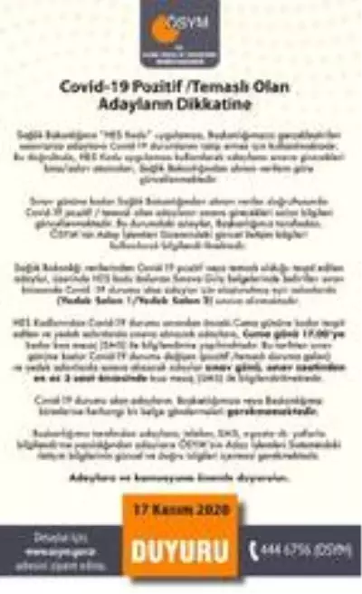 ÖSYM'den Kovid-19 pozitif adaylara ÖSYM'den Kovid-19 pozitif adaylara