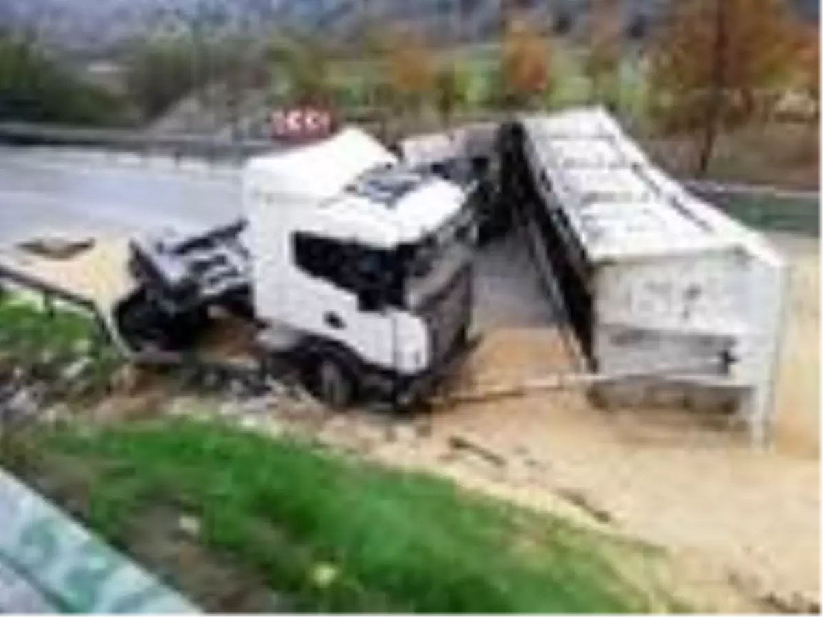 Devrilen TIR'ın sürücüsü yaralandı, tonlarca buğday yola saçıldı