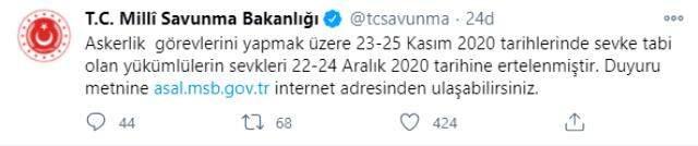 Son Dakika! MSB, kasım sevk tarihlerini aralık ayına erteledi Son Dakika! MSB, kasım sevk tarihlerini aralık ayına erteledi