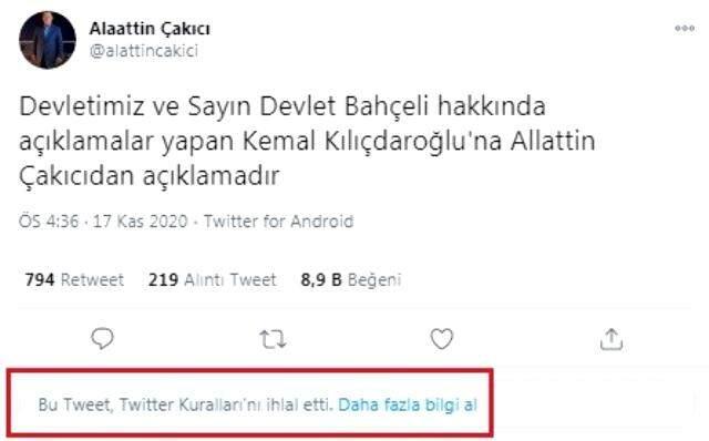 Twitter, Alaattin Çakıcı'nın Kılıçdaroğlu'nun tehdit ettiği paylaşımları sildi