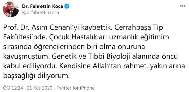 Acı haberi Bakan Koca duyurdu: Prof. Dr. Asım Cenani hayatını kaybetti Acı haberi Bakan Koca duyurdu: Prof. Dr. Asım Cenani hayatını kaybetti