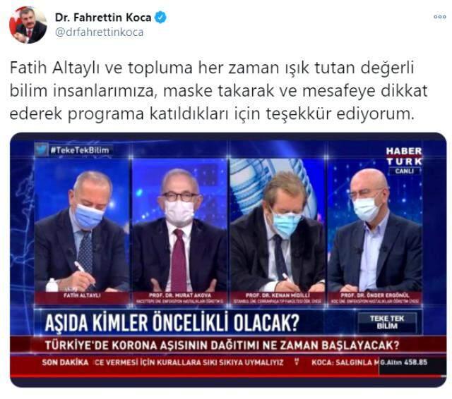 Bakan Koca, maske kuralına dikkat eden Fatih Altaylı ve konuklarına teşekkür etti
