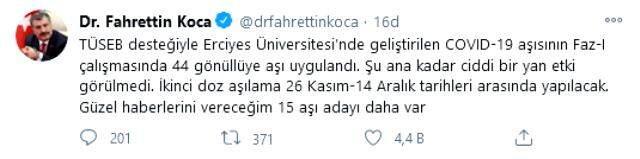 Sağlık Bakanı Fahrettin Koca'da yerli aşı müjdesi: 44 gönüllüye uygulandı, ciddi bir yan etki görülmedi