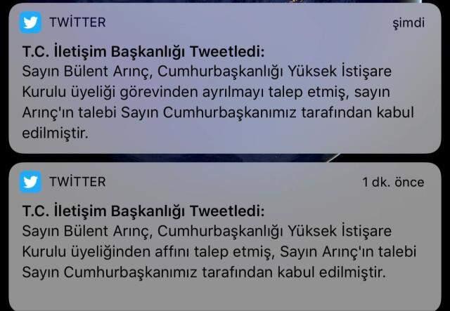 Arınç'ın istifasını duyuran İletişim Başkanlığı, 'görevinden affını talep etti' ifadesini kaldırarak yeni paylaşım yaptı Arınç'ın istifasını duyuran İletişim Başkanlığı, 'görevinden affını talep etti' ifadesini kaldırarak yeni paylaşım yaptı