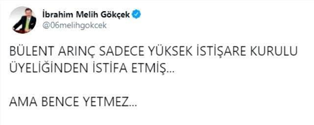 Melih Gökçek'ten Arınç'ın istifası hakkında ilk yorum: Bence yetmez Melih Gökçek'ten Arınç'ın istifası hakkında ilk yorum: Bence yetmez