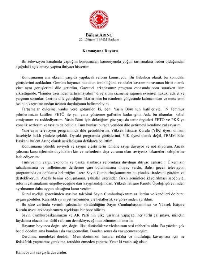 Son Dakika! Bülent Arınç, Cumhurbaşkanlığı Yüksek İstişare Kurulu üyeliğinden istifa etti Son Dakika! Bülent Arınç, Cumhurbaşkanlığı Yüksek İstişare Kurulu üyeliğinden istifa etti