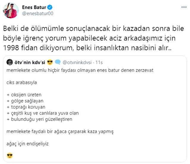 YouTuber Enes Batur, kazasına yorum yapan bir kişiye sosyal medya üzerinden tepki gösterdi: Belki insanlıktan nasibini alır