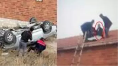Takla atan araçtan fırlayan sürücü evin çatısına uçtu Takla atan araçtan fırlayan sürücü evin çatısına uçtu