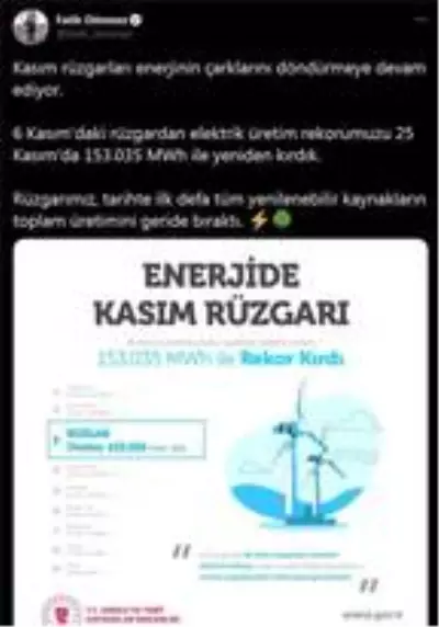 Bakan Dönmez: Rüzgardan elektrik üretim rekorumuzu yeniden kırdık Bakan Dönmez: Rüzgardan elektrik üretim rekorumuzu yeniden kırdık