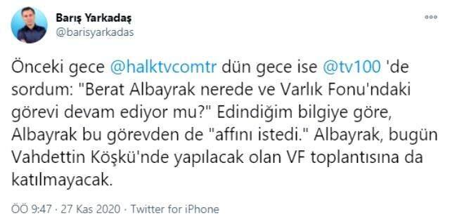CHP'li Yarkadaş'tan bomba iddia: Berat Albayrak Türkiye Varlık Fonu'ndaki görevinden de istifa etti CHP'li Yarkadaş'tan bomba iddia: Berat Albayrak Türkiye Varlık Fonu'ndaki görevinden de istifa etti