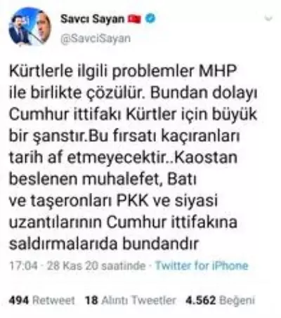 Savcı Sayan: 'Kürtlerle ilgili problemler MHP ile birlikte çözülür' Savcı Sayan: 'Kürtlerle ilgili problemler MHP ile birlikte çözülür'
