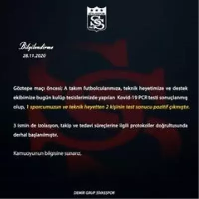Son dakika haberi: Sivasspor'da 1 futbolcu ve teknik heyetten 2 kişinin Kovid-19 testi pozitif çıktı Son dakika haberi: Sivasspor'da 1 futbolcu ve teknik heyetten 2 kişinin Kovid-19 testi pozitif çıktı