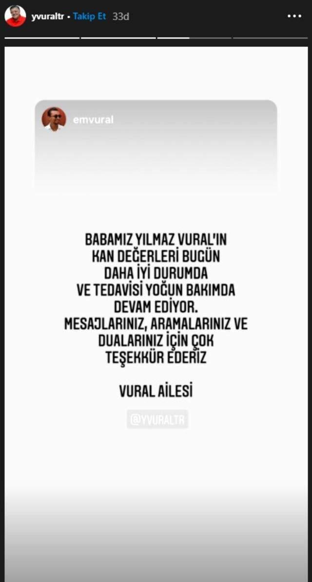 Yoğun bakımda olan Yılmaz Vural'dan haber var! Oğlu, son durumunu sosyal medyadan paylaştı Yoğun bakımda olan Yılmaz Vural'dan haber var! Oğlu, son durumunu sosyal medyadan paylaştı