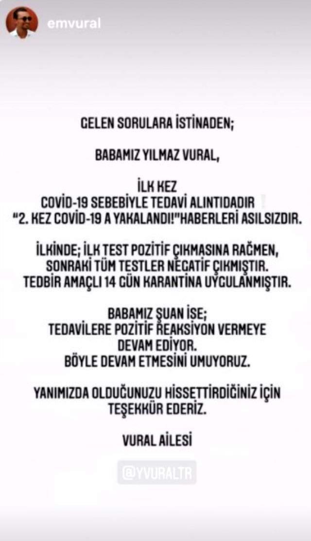 Korona nedeniyle yoğun bakımda olan Yılmaz Vural, durumu iyiye gidiyor Korona nedeniyle yoğun bakımda olan Yılmaz Vural, durumu iyiye gidiyor