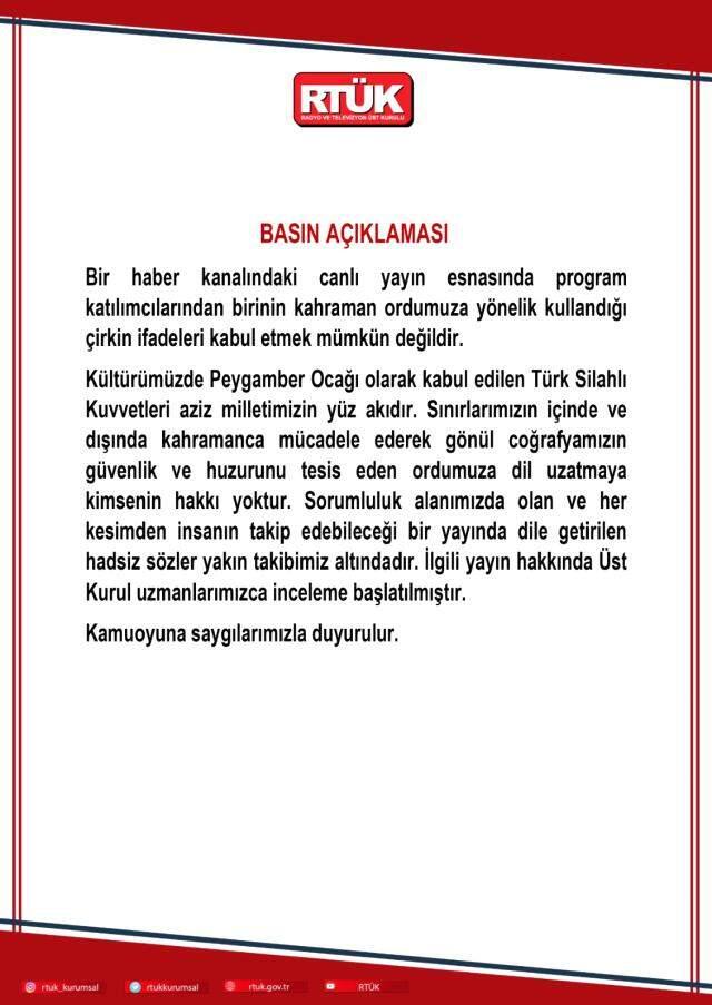 Son Dakika! RTÜK, CHP'li vekilin Türk ordusuna yönelik 'satılmış' sözlerini sarf ettiği yayına ilişkin inceleme başlattı Son Dakika! RTÜK, CHP'li vekilin Türk ordusuna yönelik 'satılmış' sözlerini sarf ettiği yayına ilişkin inceleme başlattı