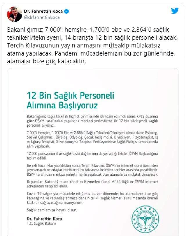 Resmi Gazete'de yayımlandı: 12 bin sözleşmeli sağlık personeli alınacak Resmi Gazete'de yayımlandı: 12 bin sözleşmeli sağlık personeli alınacak