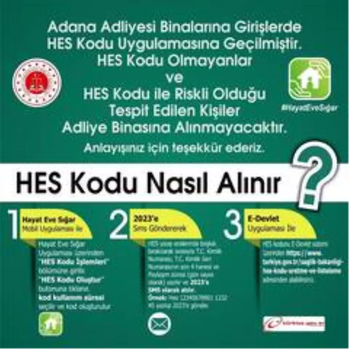 Adana Adliyesinde HES kodu uygulaması 7 Aralık'ta başlıyor