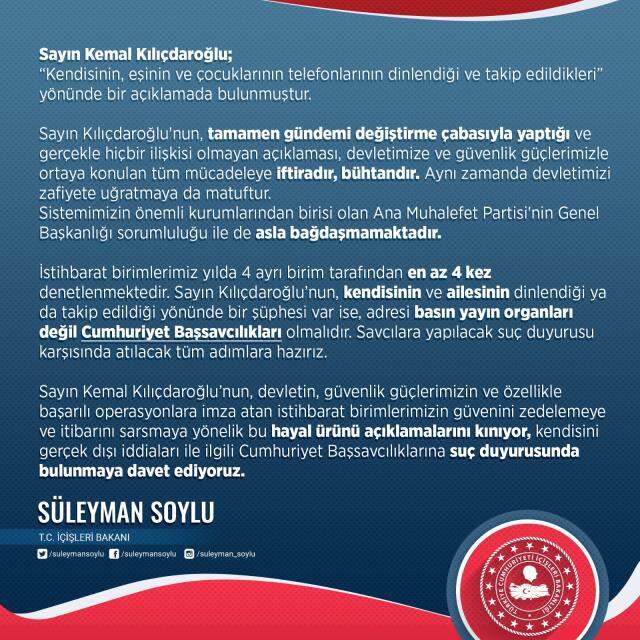 Son Dakika! İçişleri Bakanı Soylu'dan, Kılıçdaroğlu'nun 'Takip ediliyorum' açıklamasına yanıt: Tamamen gündemi değiştirme çabası