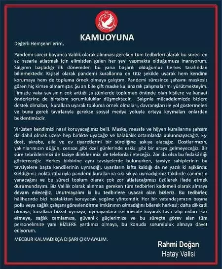 Valisi Doğan, tedbirlere uyulmasını istedi
