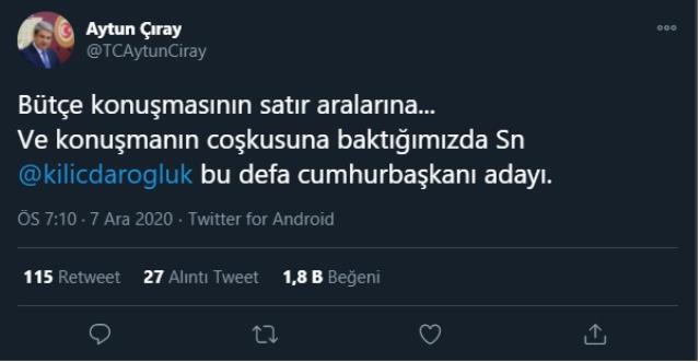 CHP Genel Başkanı Kemal Kılıçdaroğlu'nun TBMM'de yaptığı konuşmasında adaylık sinyali vermesine İYİ Partili Aytun Çıray, sosyal medya hesabından açıkl