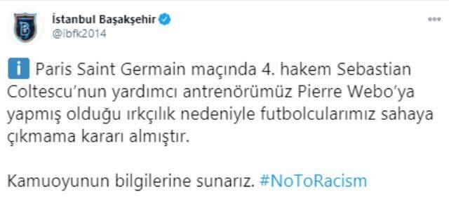 Son Dakika: Irkçılık yapan hakem maçtan alındı, PSG-Başakşehir maçı kaldığı yerden devam edecek Son Dakika: Irkçılık yapan hakem maçtan alındı, PSG-Başakşehir maçı kaldığı yerden devam edecek