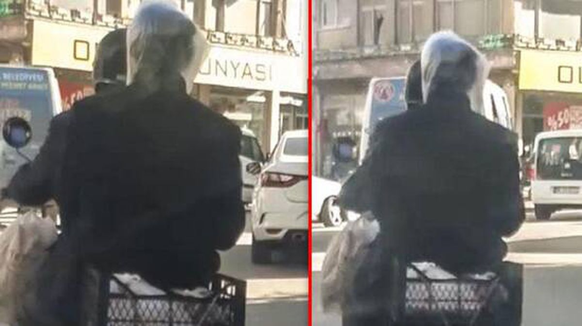 Motosikletlinin arkasındaki şahıs, başına geçirdiği poşetle koronavirüse karşı önlem aldı