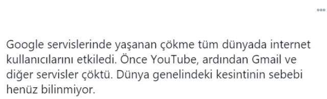 YouTube ve Gmail gibi birçok Google servisine erişim sorunu yaşanıyor