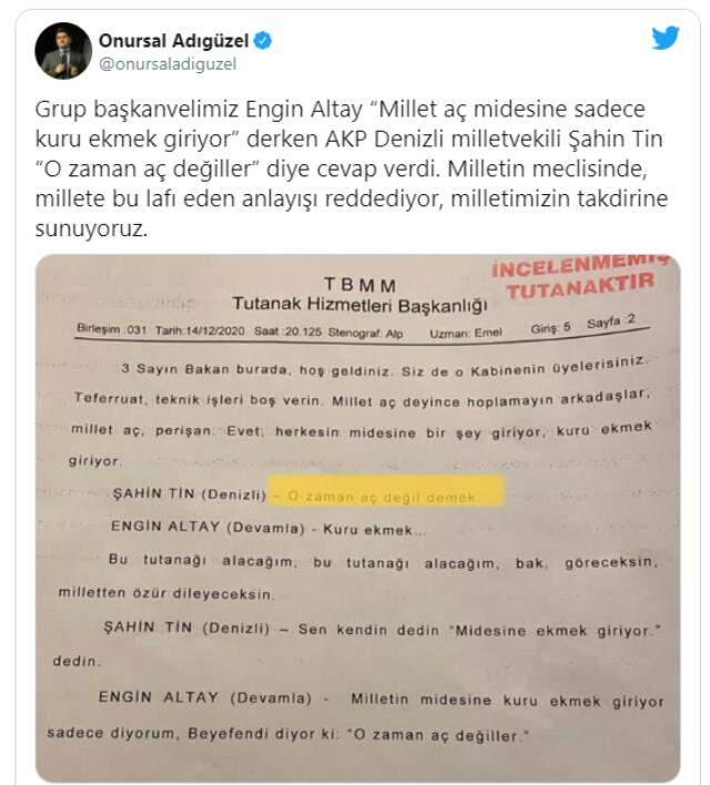 CHP'li Altay'ın 'Milletin aç midesine sadece kuru ekmek giriyor' sözlerine AK Partili Tin'den yanıt: O zaman aç değiller