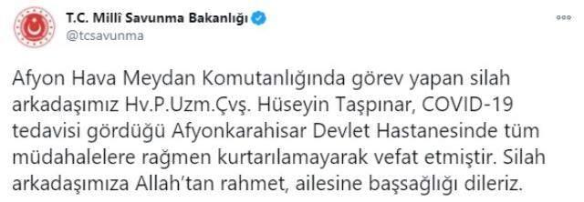 Milli Savunma Bakanlığı acı haberi paylaştı: Bir uzman çavuş koronavirüse yenik düştü