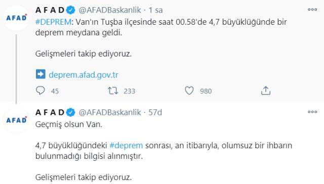 Van'da 4,7 büyüklüğünde deprem