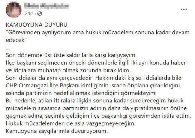 17 yaşındaki kıza attığı mesajlar ortaya çıkan CHP'li ilçe başkanı görevinden istifa etti