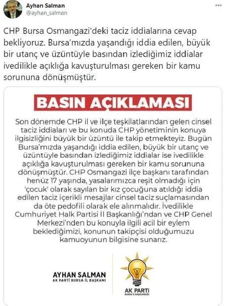 Bursa'da AK Parti'li Salman'dan CHP'li ilçe başkanına '17 yaşındaki kıza taciz' tepkisi Bursa'da AK Parti'li Salman'dan CHP'li ilçe başkanına '17 yaşındaki kıza taciz' tepkisi