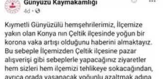 Çeltik: Günyüzü Kaymakamlığı, komşu ilçe Çeltik'te artan vakalar için vatandaşları uyardı Çeltik: Günyüzü Kaymakamlığı, komşu ilçe Çeltik'te artan vakalar için vatandaşları uyardı