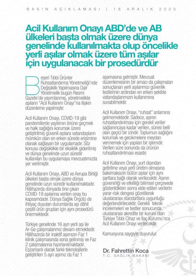 Sağlık Bakanı Koca, acil kullanım onayıyla ilgili asılsız iddialara yanıt verdi