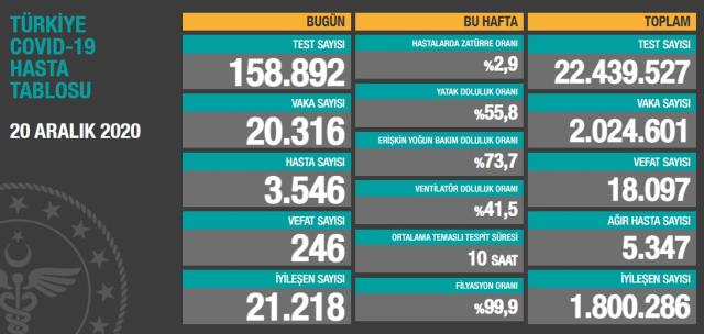 Son Dakika: Türkiye'de 20 Aralık günü koronavirüs nedeniyle 246 kişi vefat etti, 20 bin 316 yeni vaka tespit edildi