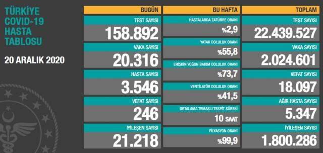 Son Dakika: Türkiye'De 20 Aralık Günü Koronavirüs Nedeniyle 246 Kişi Vefat Etti, 20 Bin 316 Yeni Vaka Tespit Edildi