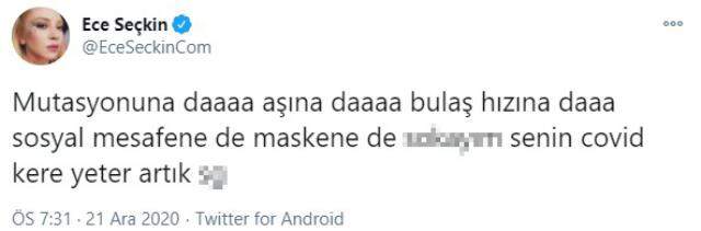 Koronavirüsün mutasyona uğradığını duyan Ece Seçkin, tepki gösterdi