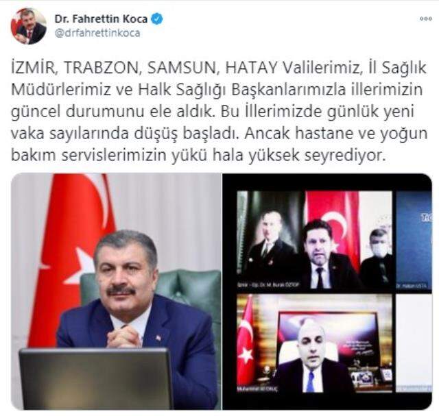 Bakan Koca, koronavirüs salgınında 4 ilin son durumunu paylaştı! Hatay'da vaka oranındaki düşüş dikkat çekti
