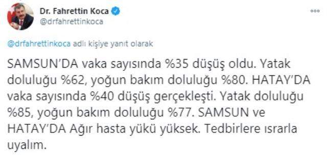 Bakan Koca, koronavirüs salgınında 4 ilin son durumunu paylaştı! Hatay'da vaka oranındaki düşüş dikkat çekti