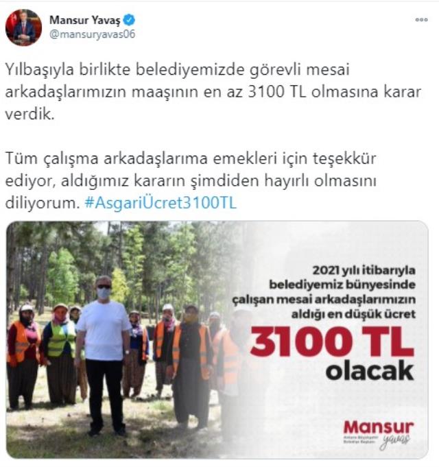 Ankara Büyükşehir Belediyesi'nde çalışan personelin maaşı en az 3100 TL olacak